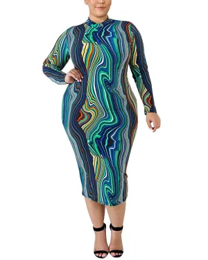 Plus Size Dress - Sexy Stretchy Plus Size Bodycon Dresses Long Sleeve Floral African Mock Neck Party Casual Midi Dress 1X-4X