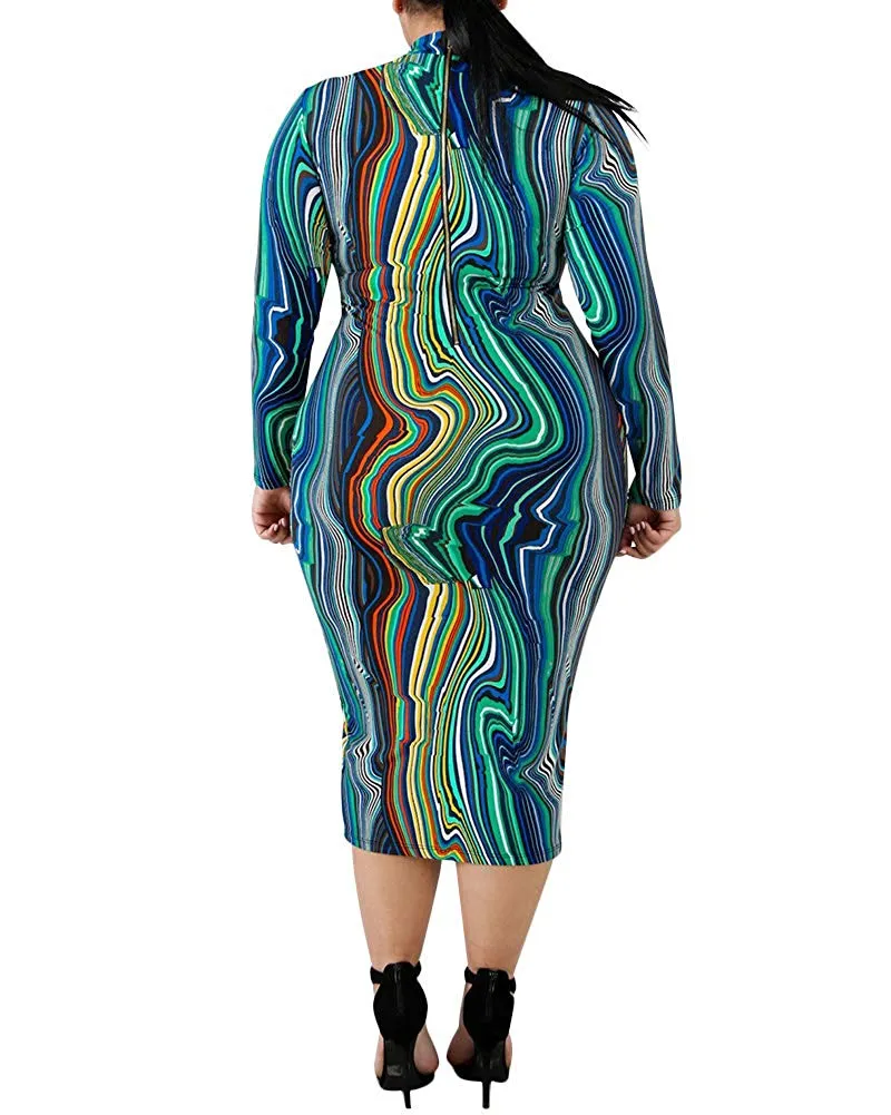 Plus Size Dress - Sexy Stretchy Plus Size Bodycon Dresses Long Sleeve Floral African Mock Neck Party Casual Midi Dress 1X-4X