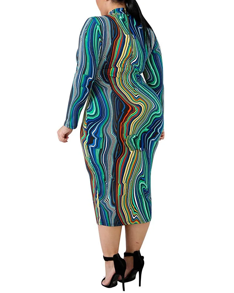 Plus Size Dress - Sexy Stretchy Plus Size Bodycon Dresses Long Sleeve Floral African Mock Neck Party Casual Midi Dress 1X-4X