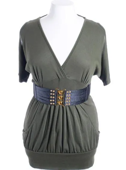 Plus Size Open Shoulder  Buckle Belt Olive Mini Dress