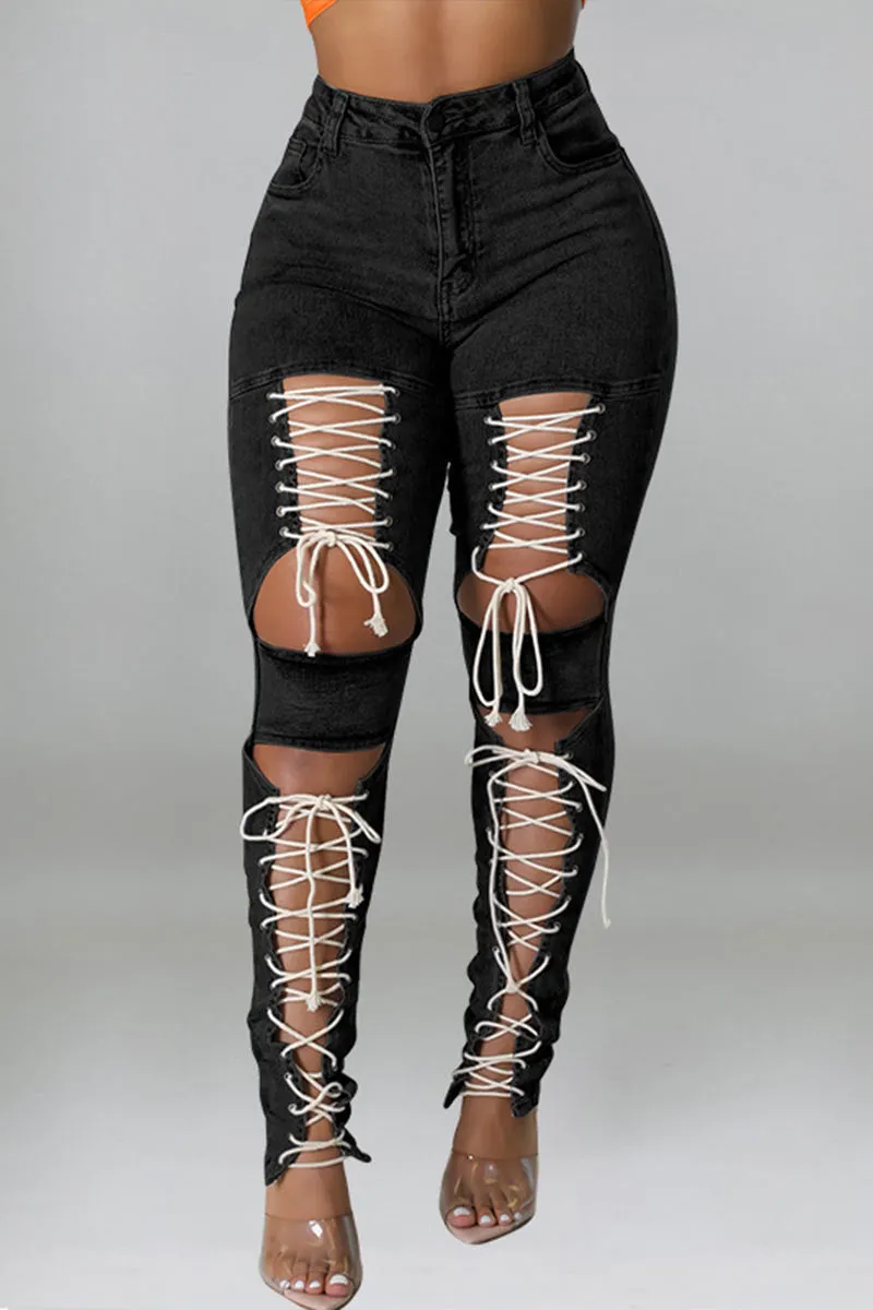PN0316 Lace Down Denim Jeans
