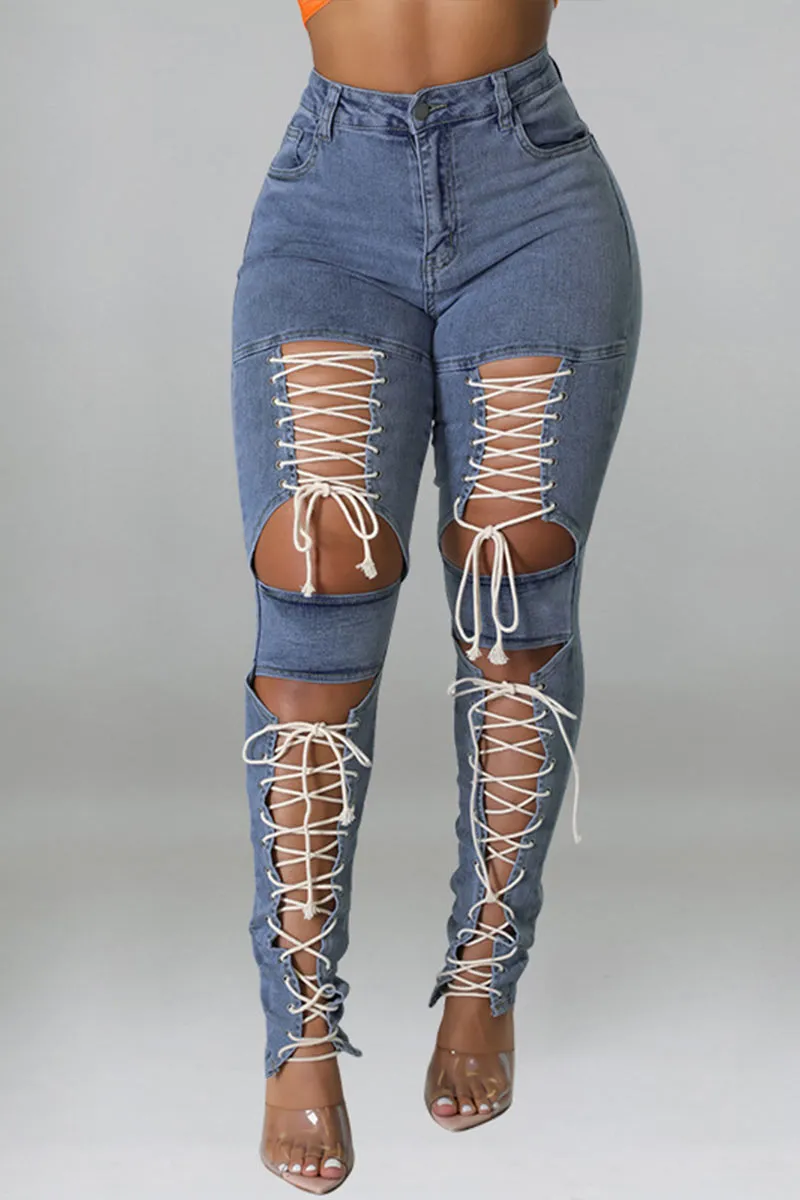 PN0316 Lace Down Denim Jeans