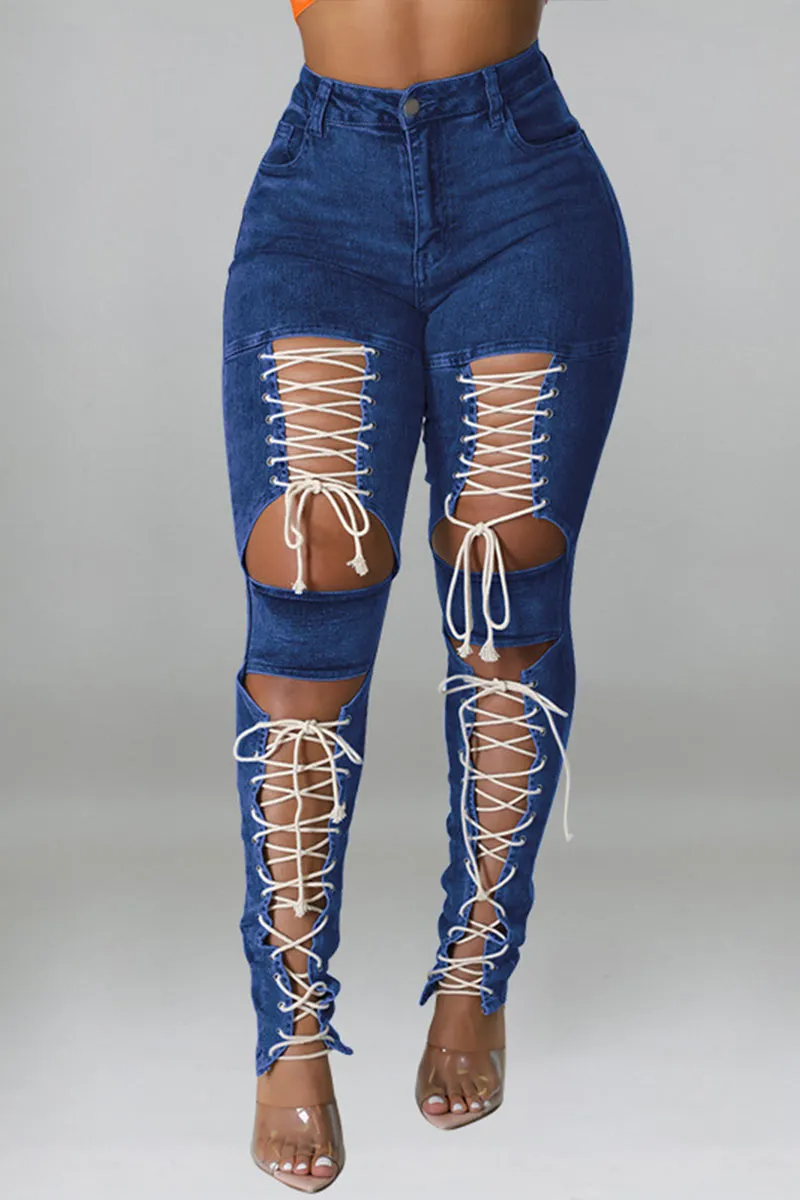 PN0316 Lace Down Denim Jeans