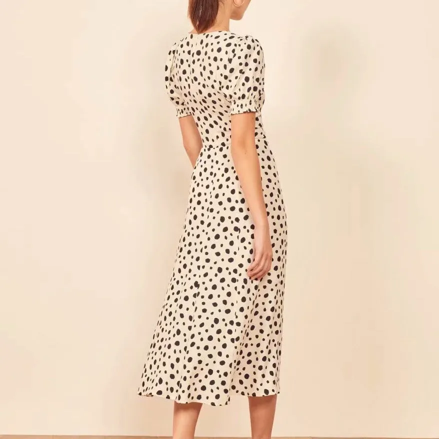 Polka Dot Floral Printed V-neck Midi Dress