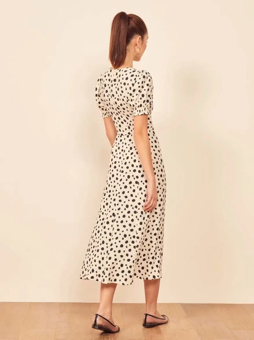 Polka Dot Floral Printed V-neck Midi Dress