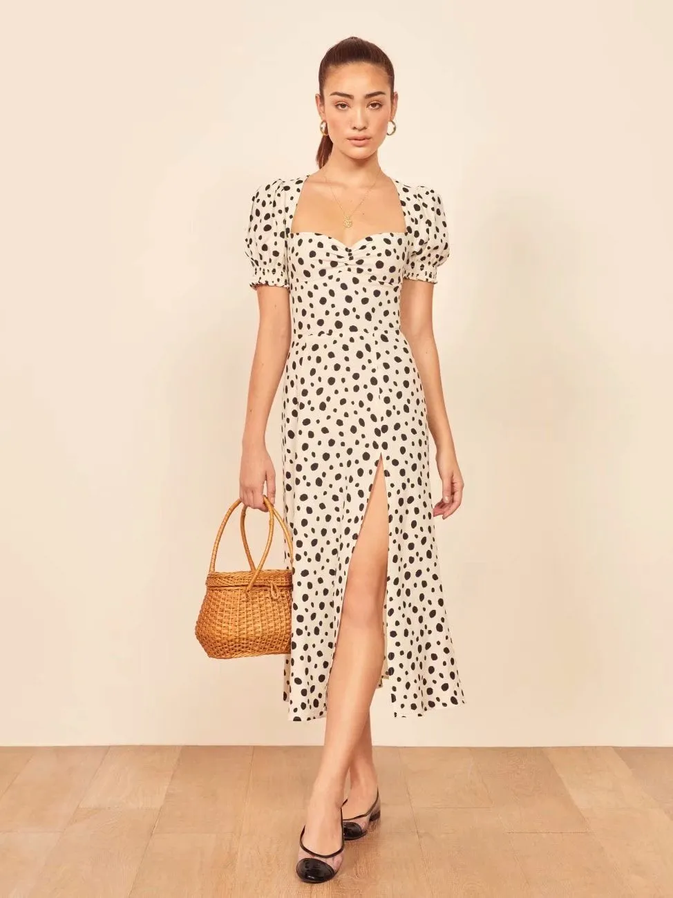 Polka Dot Floral Printed V-neck Midi Dress