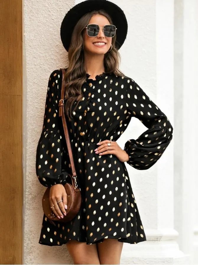 Polka Dot Lace Collar Bubble Sleeves Mini Dresses