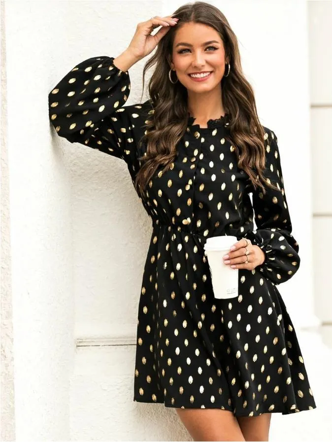Polka Dot Lace Collar Bubble Sleeves Mini Dresses
