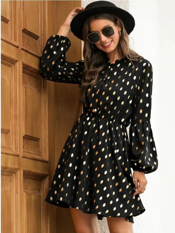 Polka Dot Lace Collar Bubble Sleeves Mini Dresses