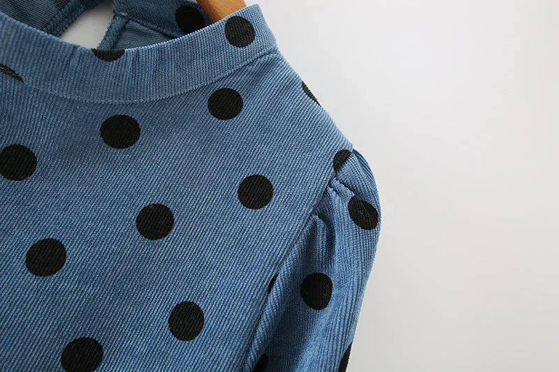Polka Dot Lantern Sleeve Corduroy Mini Dresses