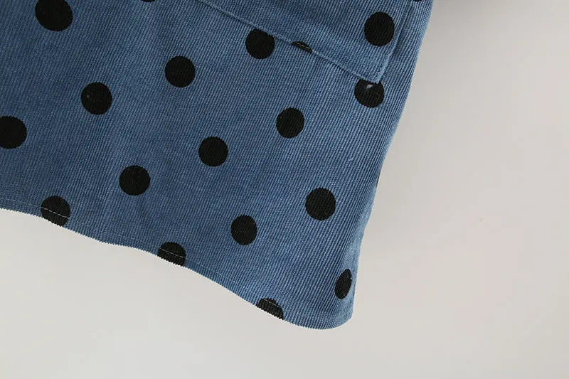 Polka Dot Lantern Sleeve Corduroy Mini Dresses