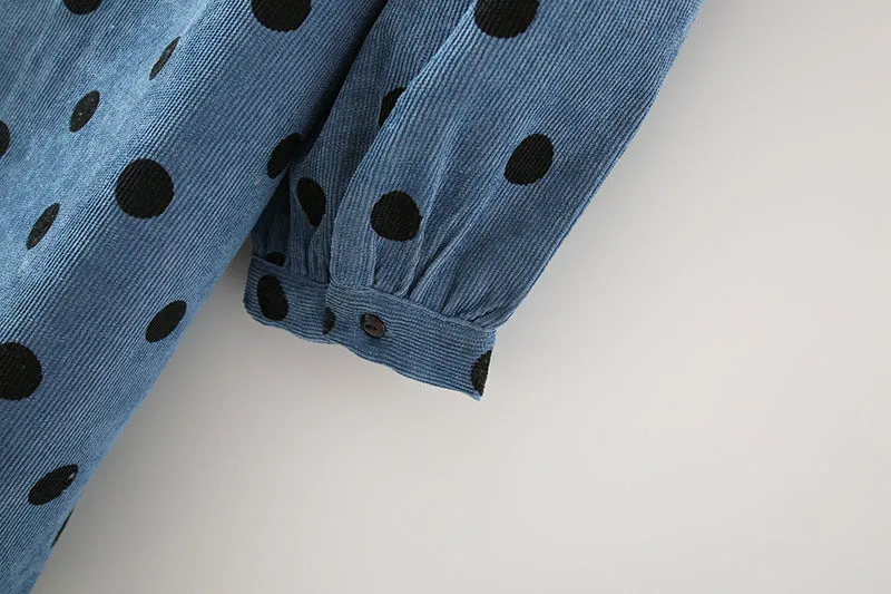 Polka Dot Lantern Sleeve Corduroy Mini Dresses