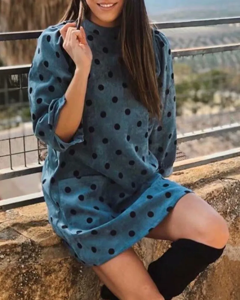 Polka Dot Lantern Sleeve Corduroy Mini Dresses