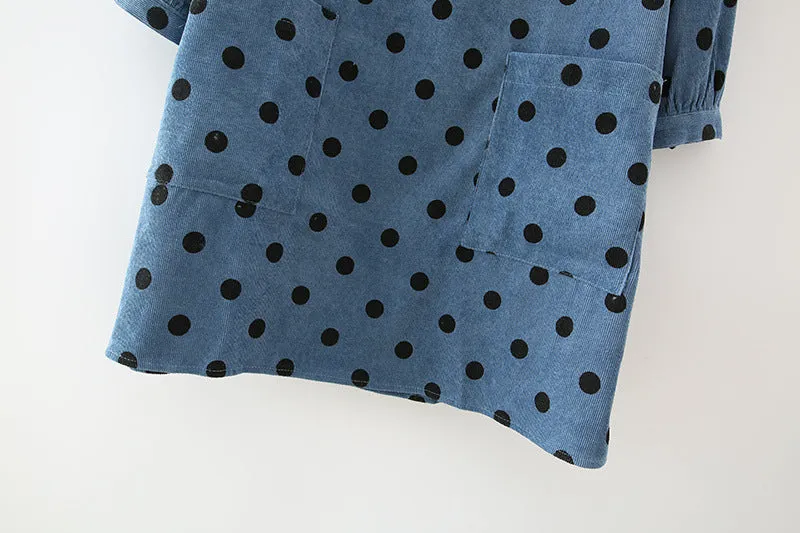 Polka Dot Lantern Sleeve Corduroy Mini Dresses