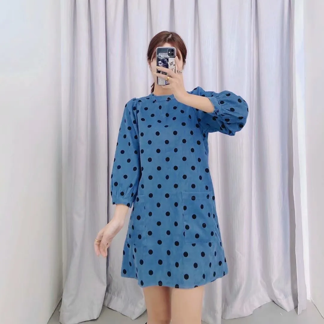 Polka Dot Lantern Sleeve Corduroy Mini Dresses