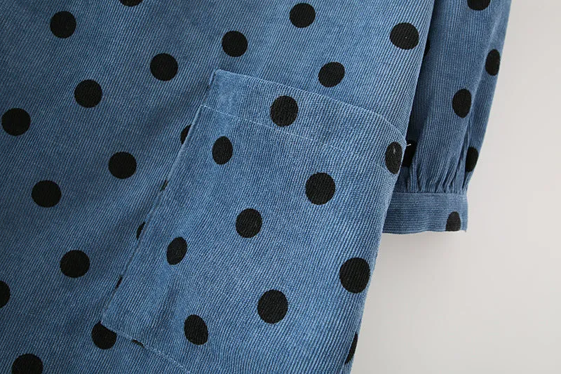 Polka Dot Lantern Sleeve Corduroy Mini Dresses