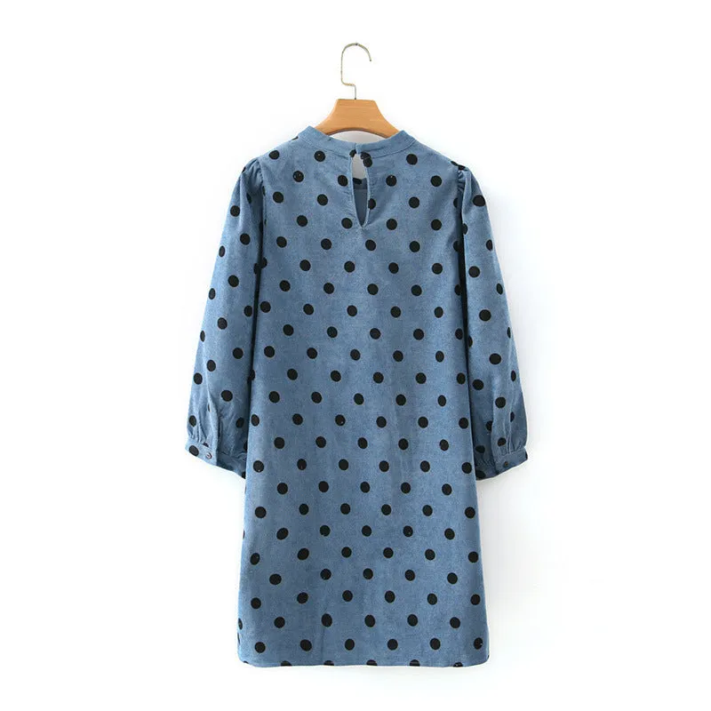 Polka Dot Lantern Sleeve Corduroy Mini Dresses