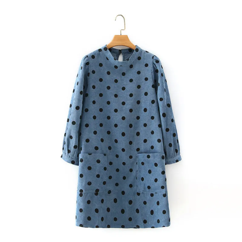 Polka Dot Lantern Sleeve Corduroy Mini Dresses