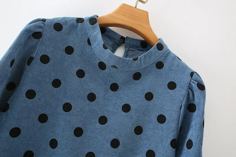 Polka Dot Lantern Sleeve Corduroy Mini Dresses