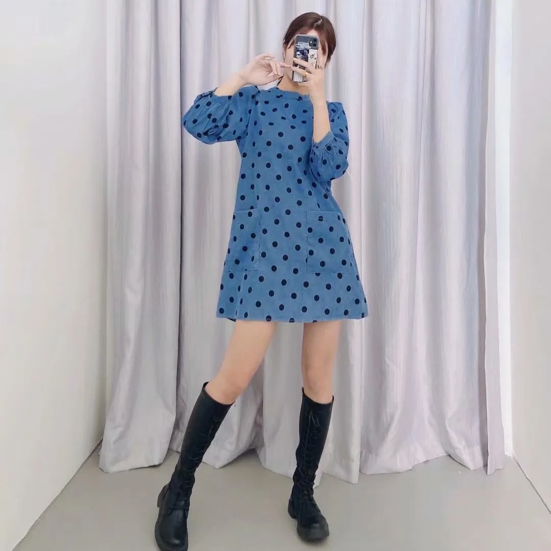 Polka Dot Lantern Sleeve Corduroy Mini Dresses