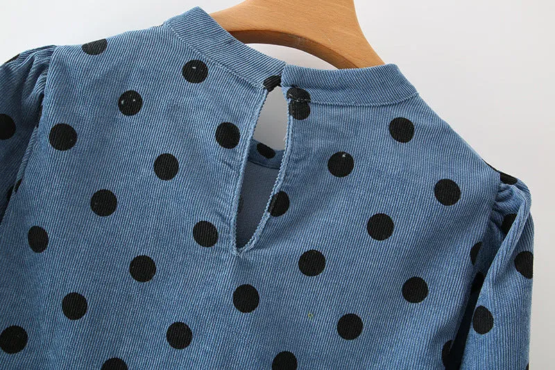 Polka Dot Lantern Sleeve Corduroy Mini Dresses