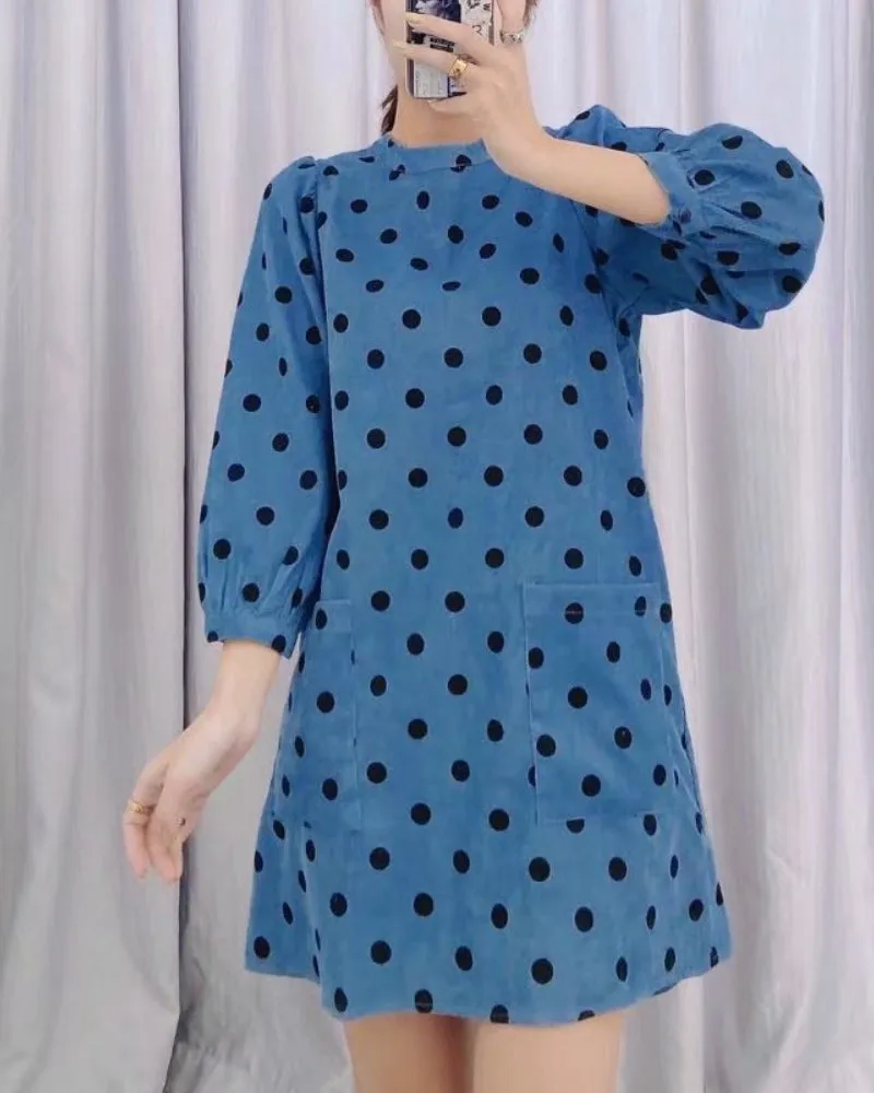 Polka Dot Lantern Sleeve Corduroy Mini Dresses