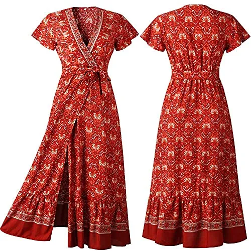 PRETTYGARDEN Women's Summer Bohemian Dress Short Sleeve Floral V Neck Ruffle Hem Split Belted Flowy Maxi Dresses (Red-1,Small)