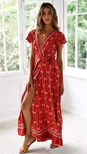 PRETTYGARDEN Women's Summer Bohemian Dress Short Sleeve Floral V Neck Ruffle Hem Split Belted Flowy Maxi Dresses (Red-1,Small)