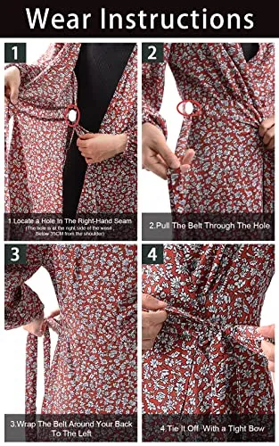 PRETTYGARDEN Women's Summer Bohemian Dress Short Sleeve Floral V Neck Ruffle Hem Split Belted Flowy Maxi Dresses (Red-1,Small)