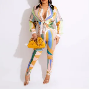 Print Long Sleeve Blouse & Pants Set
