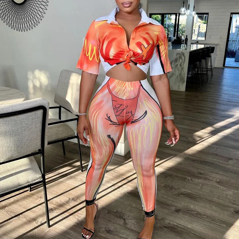 Print Short Sleeve Crop Top & Pants Set