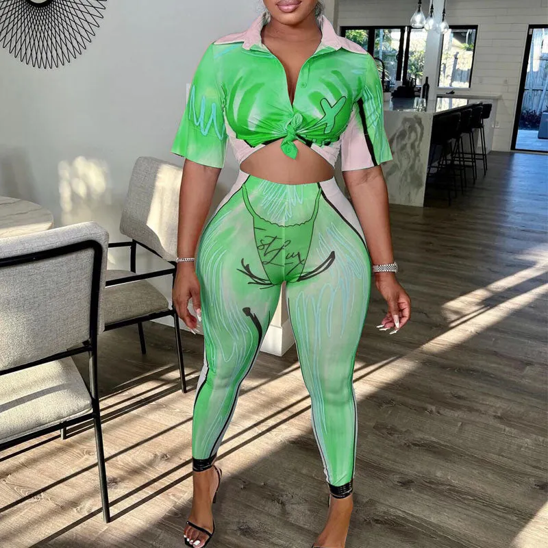 Print Short Sleeve Crop Top & Pants Set