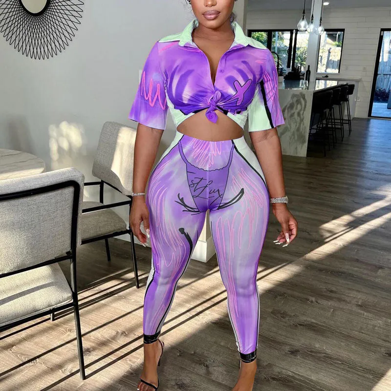 Print Short Sleeve Crop Top & Pants Set