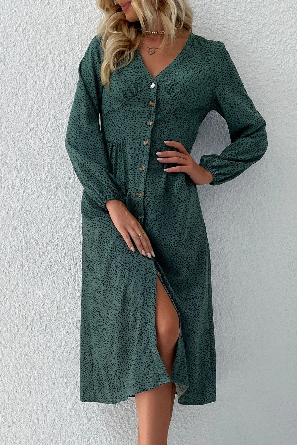 Printed Button Down V-Neck Midi Dress