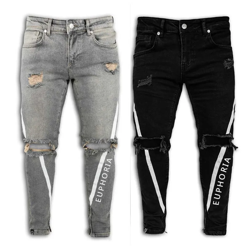 Printed Men's Ripped Jeans Skinny High Waisted Jeans Pencil Pants