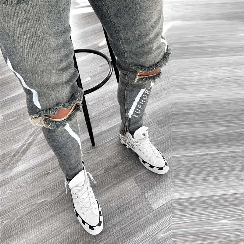 Printed Men's Ripped Jeans Skinny High Waisted Jeans Pencil Pants
