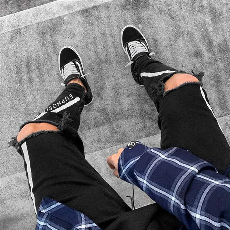 Printed Men's Ripped Jeans Skinny High Waisted Jeans Pencil Pants