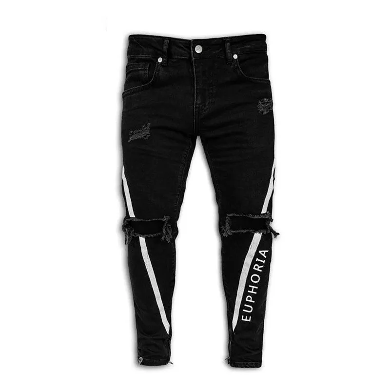 Printed Men's Ripped Jeans Skinny High Waisted Jeans Pencil Pants