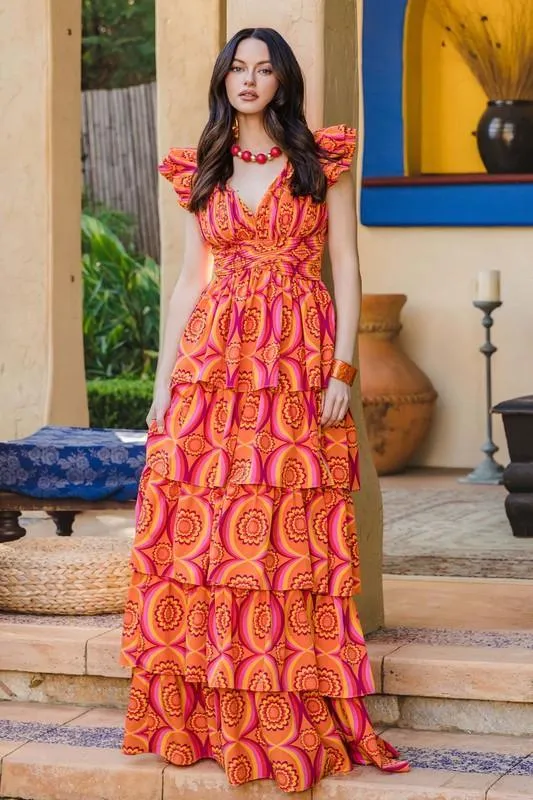 PRINTED RUFFLE MAXI DRESS