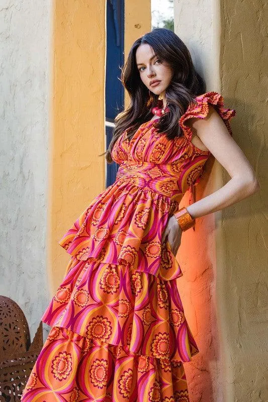 PRINTED RUFFLE MAXI DRESS