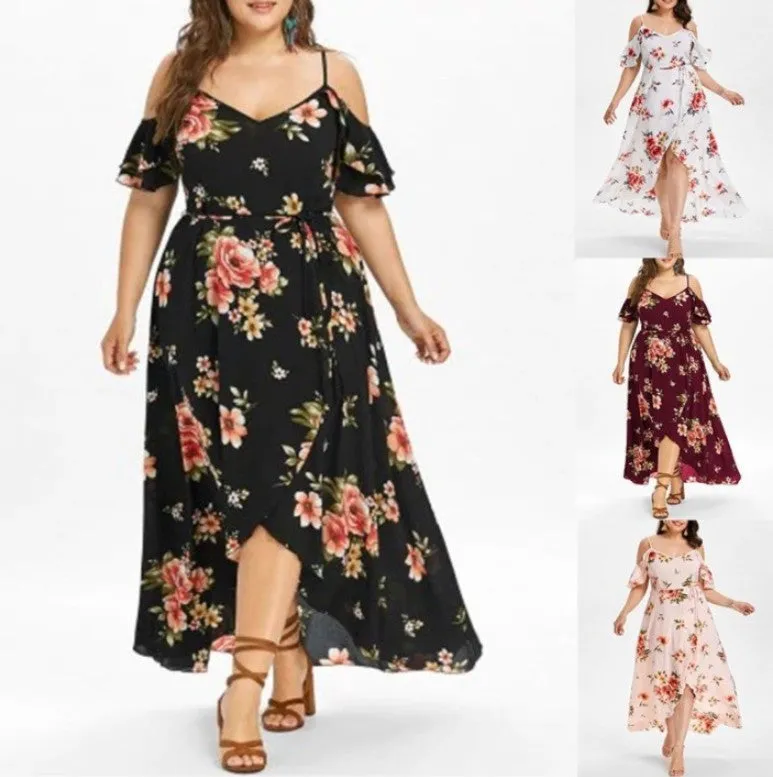 Printed Sexy Sling Short-sleeved Large Size Dress