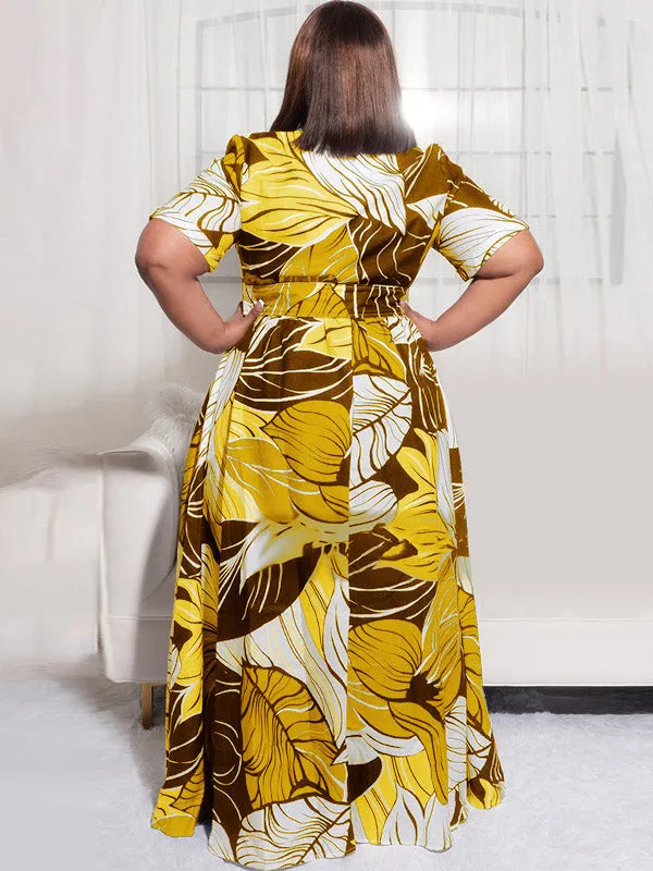 Printed V Neck Button Down Maxi Dress