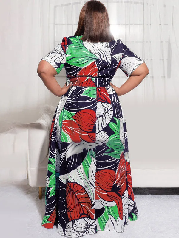 Printed V Neck Button Down Maxi Dress