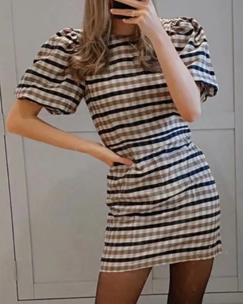 Puff Sleeve Round Neck Grid Bodycon Mini Dresses