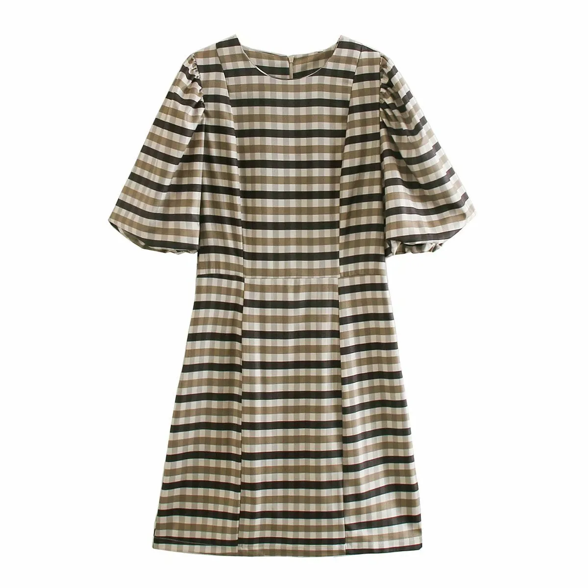 Puff Sleeve Round Neck Grid Bodycon Mini Dresses