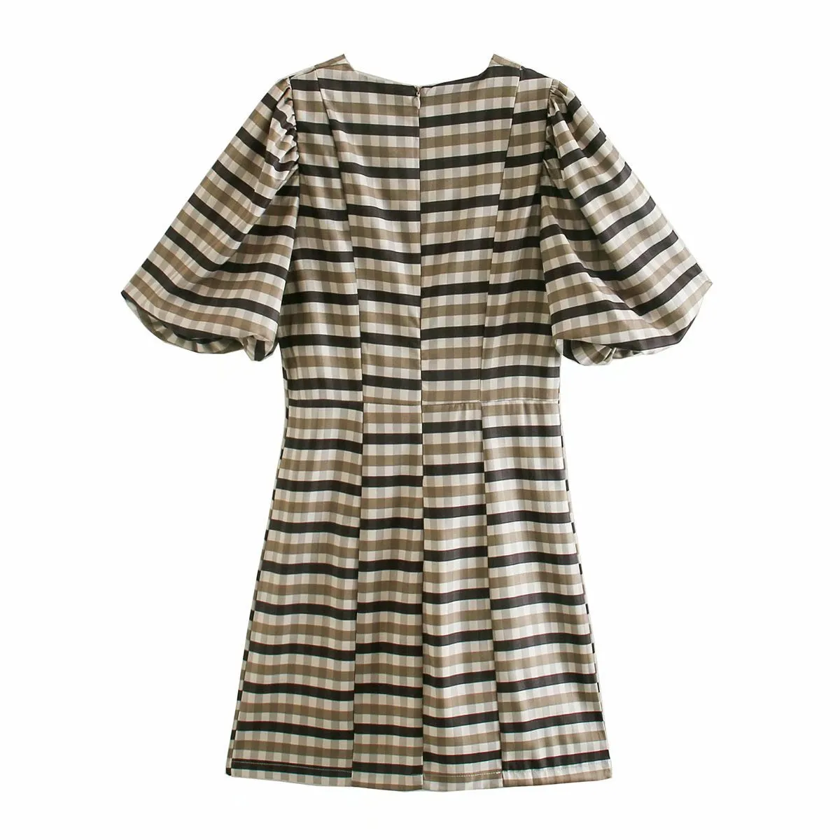 Puff Sleeve Round Neck Grid Bodycon Mini Dresses