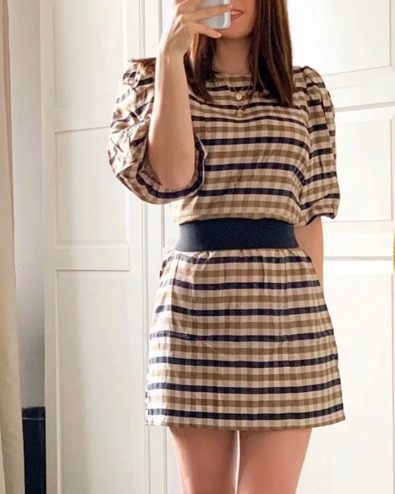 Puff Sleeve Round Neck Grid Bodycon Mini Dresses