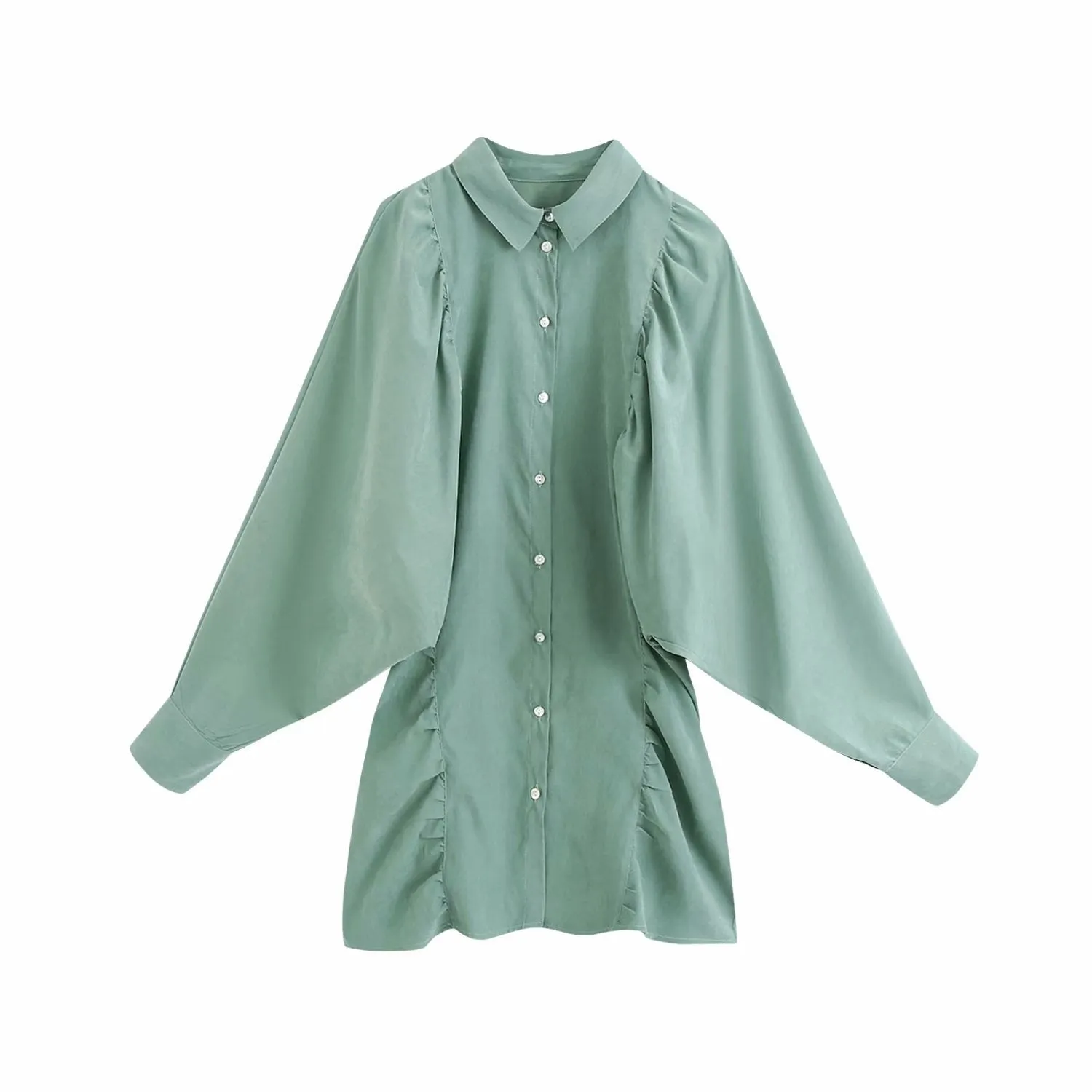 Puff Sleeve Shirred Frill Single-breasted Mini Dress