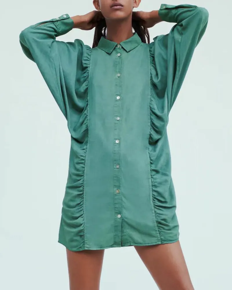 Puff Sleeve Shirred Frill Single-breasted Mini Dress