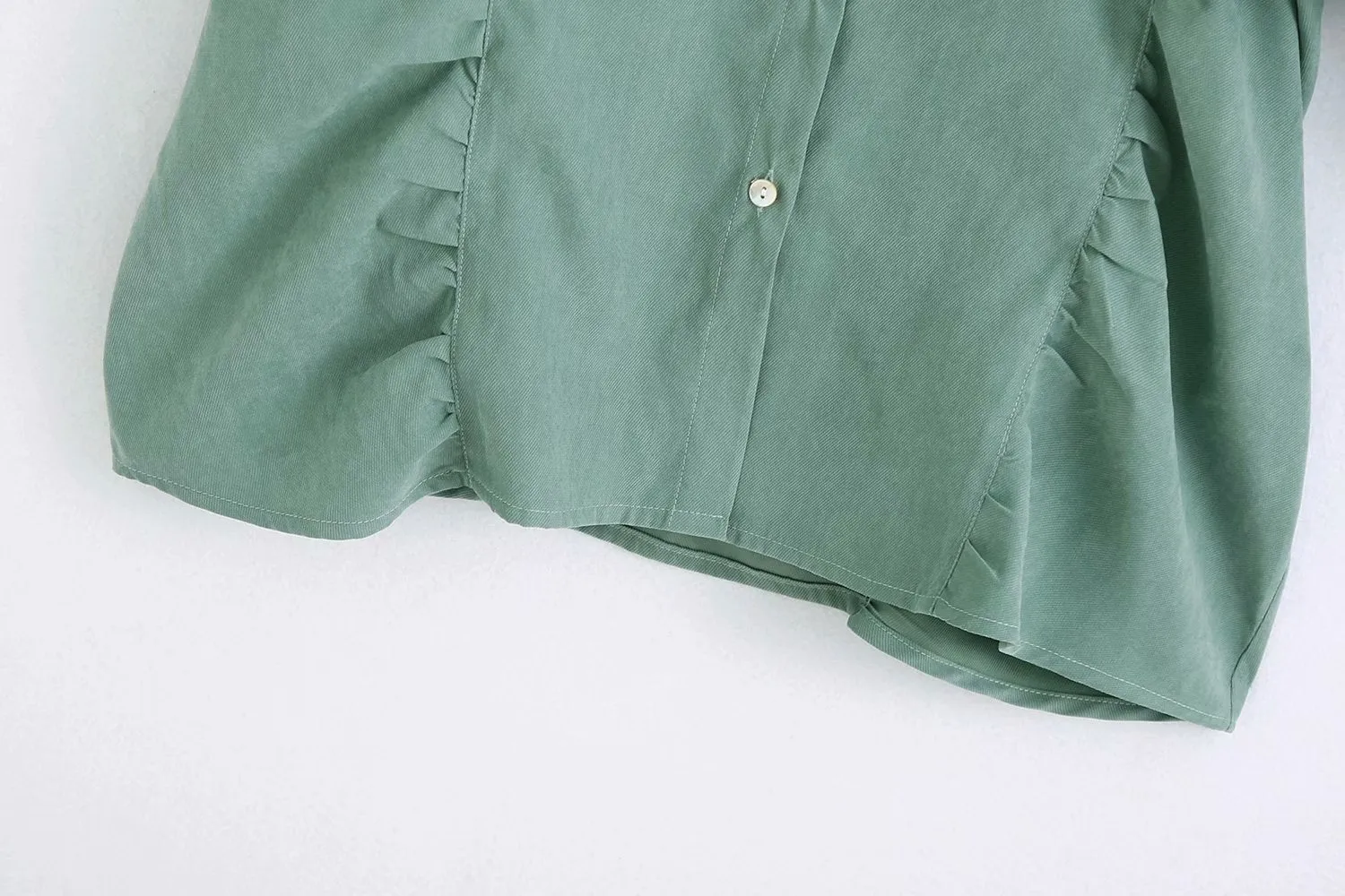 Puff Sleeve Shirred Frill Single-breasted Mini Dress